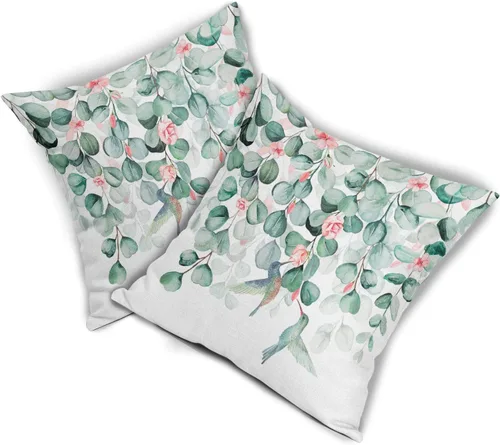 Vista 2 de Giwawa Fundas de almohada de eucalipto de acuarela de pájaros, fundas de almohada de lino de 18 x 18 pulgadas, fundas de almohada de rosas florales