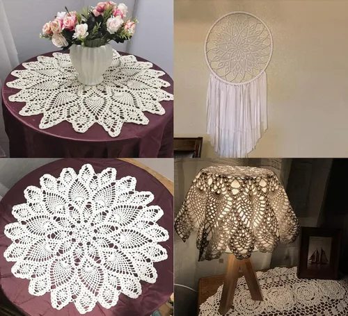 Vista 2 de Damanni Mantel de encaje hecho a mano de algodón hecho a mano, redondo, beige, 20 pulgadas