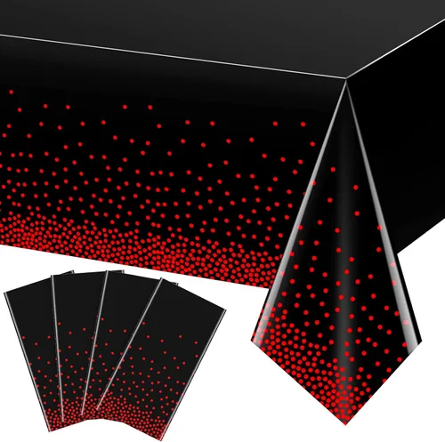 Vista 8 de Paquete de 1 mantel de plástico con puntos rojos y negros, mantel desechable de plástico rectangular de plástico con estampado de puntos rojos