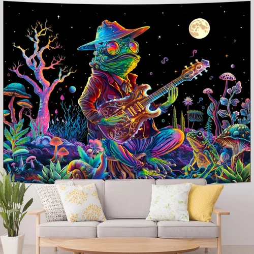 Vista 3 de Galoker - Tapiz de luz negra con rana, tapiz de hongos neón de fantasía, tapiz de plantas florales reactivas a los rayos UV, tapiz de pared