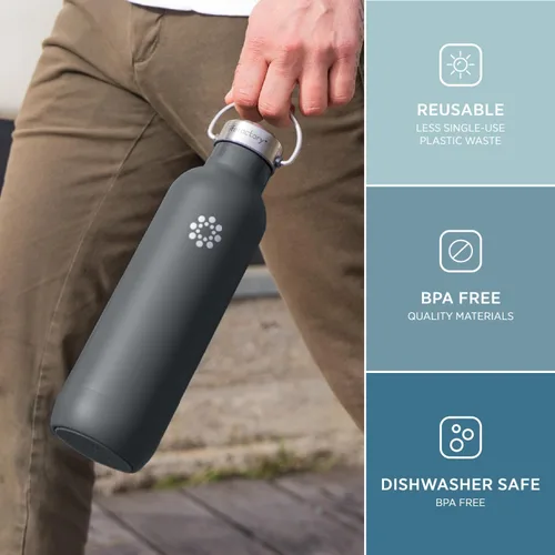 Vista 4 de Lifefactory Botella deportiva aislada al vacío de acero inoxidable de 24 onzas, carbono