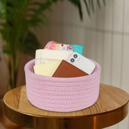 Vista 3 de ABenkle Cesta Tejida Pequeña, Cestas de Almacenamiento Pequeñas Vacías y Poco Profundas, Mini Cestas de Cuerda de Algodón, Cesta Decorativa Redonda