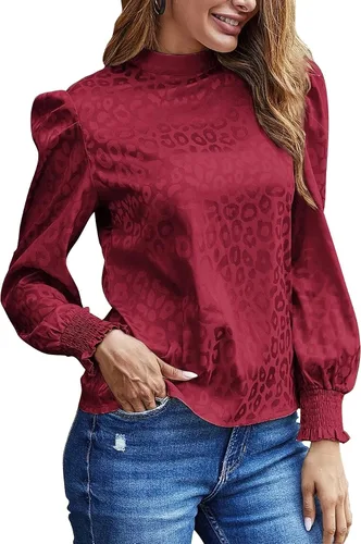 Vista 3 de LYANER Blusa de trabajo con cuello alto y manga larga abombada para mujer