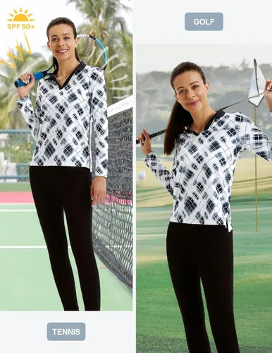 Vista 7 de JACK SMITH Polo de golf de manga larga para mujer, cuello en V, atlético, para tenis, absorbe la humedad