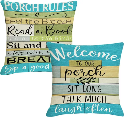 Vista 7 de Fundas de almohada para porche con reglas de porche impermeables, bienvenida a nuestro porche, fundas de almohada para patio, para sofá, banco Marrón