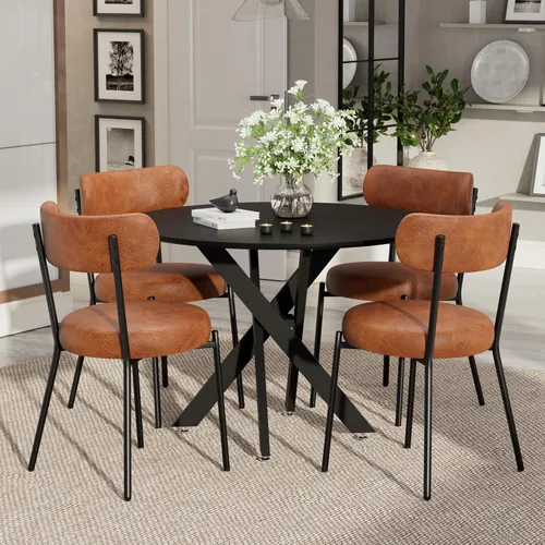 Vista 41 de Moderno juego de mesa de comedor redonda de 3 piezas, mesa de MDF circular negra y 2 sillas de comedor negras Boucle, muebles de cocina con marco