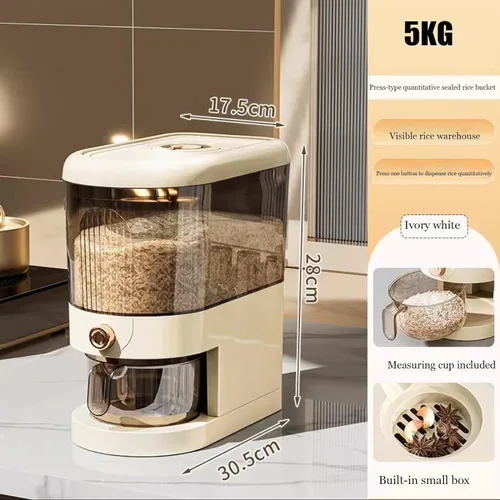 Vista 2 de Peaoop Dispensador de arroz de 11 libras, gran contenedor de almacenamiento de granos con tapa, cilindro de medición para el hogar, dispensador