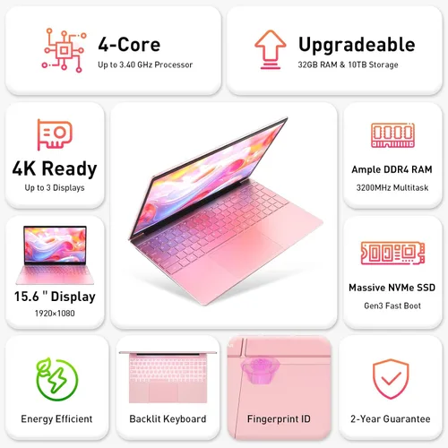 Vista 2 de Auusda Computadora portátil de negocios para el trabajo, PC portátil para estudiantes universitarios, pantalla FHD de 15.6 pulgadas, procesador de 4
