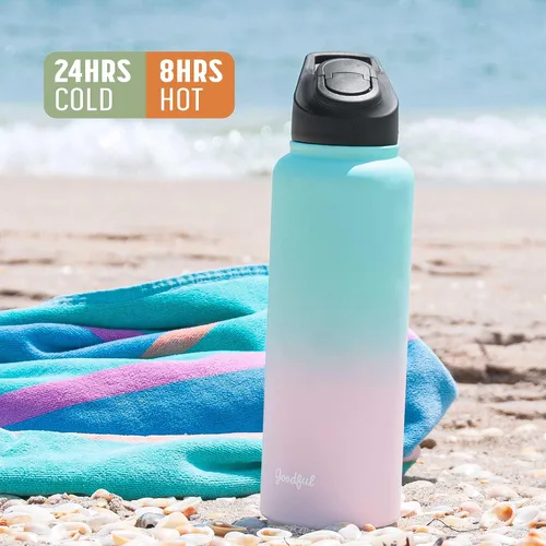Vista 6 de Goodful Botella de agua de doble pared sellada al vacío, aislada con dos tapas intercambiables, tapas para beber o tragar, a prueba de fugas, boca