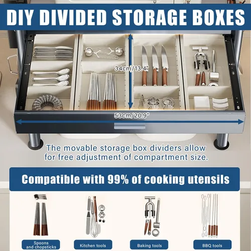 Vista 3 de Estante ajustable para horno de microondas, estante de microondas con cajones, estante de 2 niveles con soporte para tablas de cortar para estantes