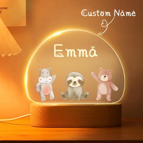 Vista 4 de VEELU Regalos personalizados para niños, luz nocturna con nombre personalizado con lindos animales, lámpara LED acrílica para bebé, regalo