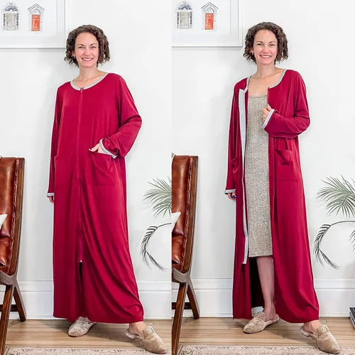 Vista 5 de Ekouaer - Abrigo largo de casa para mujer, con cremallera frontal, camisones de longitud completa con bolsillos, ropa de descanso a rayas, tallas