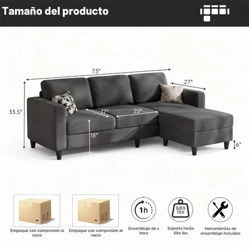 Vista 2 de Sofá modular pequeño de 73 pulgadas con diván reversible, sofá de tela de lino en forma de L con marco de roble macizo y hierro, cojín de asiento