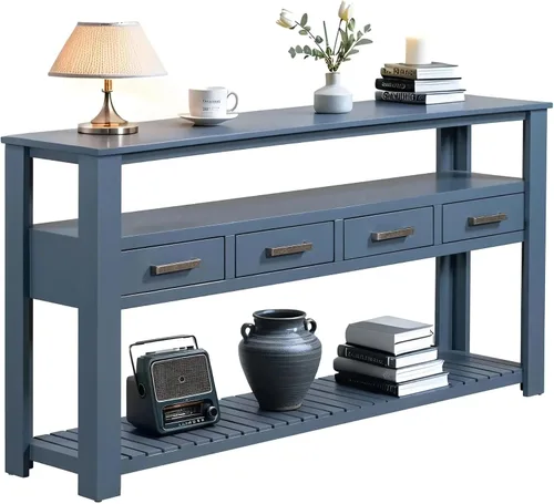 Vista 16 de LKTART - Mesa consola de 63 pulgadas para entrada, mesa de sofá de madera maciza con 4 cajones Blanco antiguo