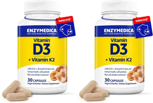 Vista 10 de Enzymedica Vitamina D3 K2, 5000 UI Vegan D3 + 90 mcg MK-7, suplemento a base de plantas con hongos shiitake y fibra prebiótica para apoyo óseo e