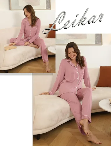 Vista 3 de Leikar Button Up Pajamas For Women Long Sleeve Viscose Soft Pjs Lounge bean paste