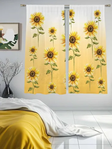 Vista 4 de Juego de 2 paneles de cortinas de girasol de 63 pulgadas de largo, cortinas traslúcidas amarillas con bolsillo para barra, cortinas de cocina