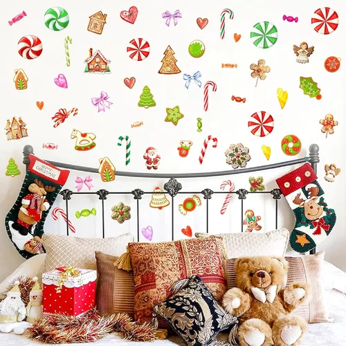 Vista 3 de Adornos de Navidad, calcomanías de pared para despegar y pegar, calcomanías de pared extraíbles de bastón de caramelo, calcomanías de piso de menta