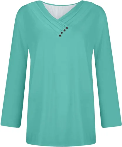 Vista 4 de Workout Tops for Women Button V Neck Chest Panel Ruched T Shirt Solid Color Long Sleeve Outfits Casual Sweatshirts