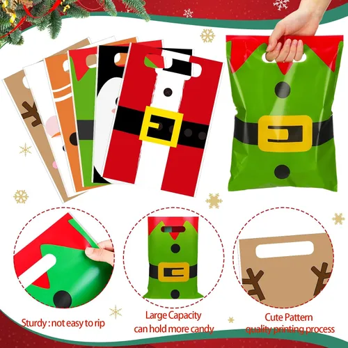 Vista 4 de Sinmoe 200 piezas bolsas de plástico de Navidad a granel, bolsa de regalo de mercancía de Navidad con asa de 9" x 12", reutilizable, bolsa