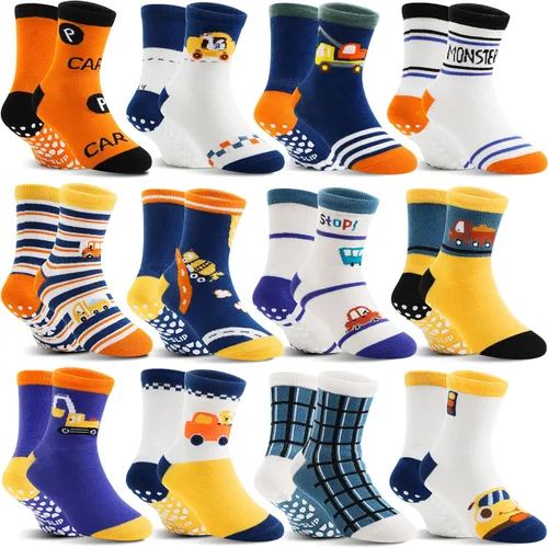 Vista 6 de 12 pares de calcetines antideslizantes de algodón para bebés, niños y niñas