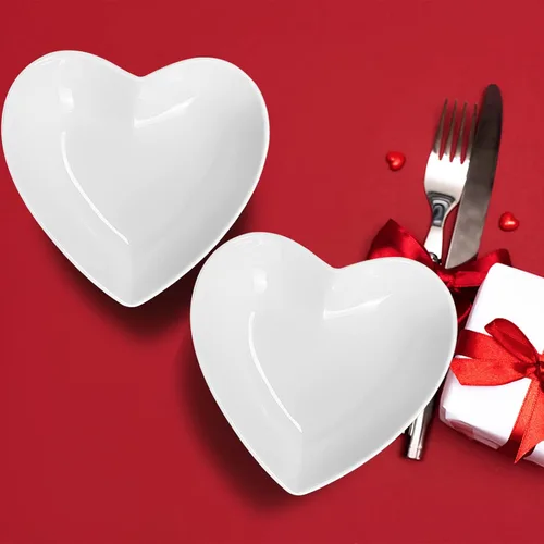 Vista 6 de Juego de 2 platos de ensalada profundos en forma de corazón de porcelana, cuencos de corazón de 7 pulgadas para servir postre/aperitivo/fruta, 19