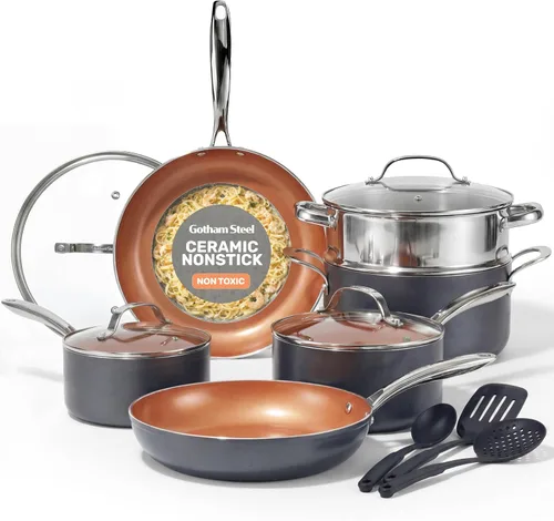 Vista 9 de GOTHAM STEEL Juego de utensilios de cocina de cerámica de 15 piezas, juego de ollas y sartenes de cerámica antiadherentes con utensilios de cocina