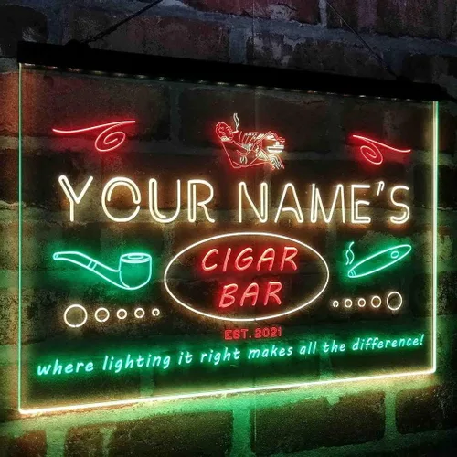 Vista 7 de Personalized Cigar Bar Lounge Tri-Color LED Neon Light Sign Customize Name Date Text Quote Font Green & Red & Yellow 13 x 8.7 Inches