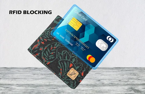 Vista 4 de Lanyani Carteras RFID Bifold Simple, Estampado negro azul, Minimalista