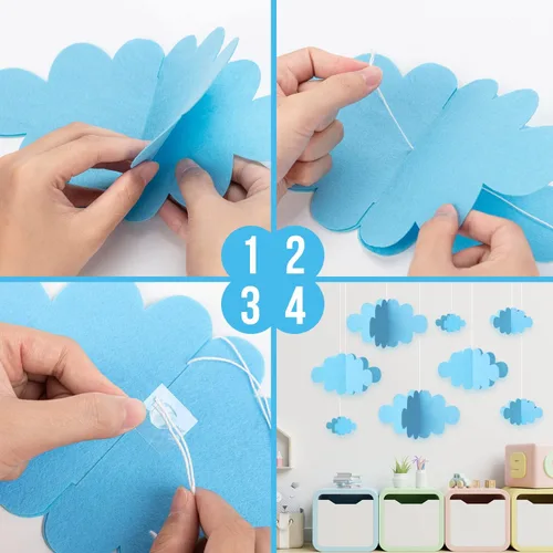Vista 5 de 16 piezas de decoración de nube en 3D, nubes colgantes azules y gotas de lluvia para decoración de techo colgante para fiestas, guardería