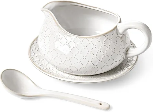 Vista 10 de LE TAUCI - Juego de recipiente para salsa con cucharón y soporte para platillo, 24 onzas, recipiente de cerámica para salsa con bandeja