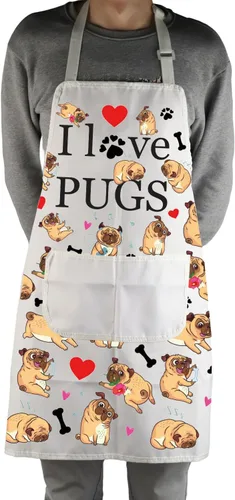 Vista 4 de Delantales para perros de pug, regalos para amantes de los pug, delantal de cocina con bolsillos, delantal de cocina I Love Pugs, regalos