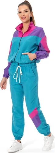 Vista 4 de Conjunto de traje de pista de bloque de color de los años 80, rompevientos de manga larga de los años 90, traje deportivo casual para mujer