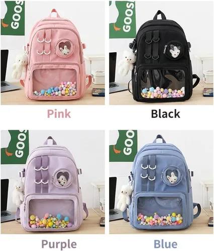 Vista 6 de Mochila Kawaii con bonitos accesorios de 15.6 pulgadas, bolsa de muñeca de oso estética, antirrobo, viaje, nuevo semestre, regalos, Rosado, Moderno