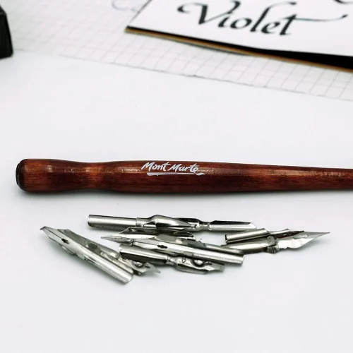 Vista 6 de Mont Marte Signature Calligraphy - Juego de bolígrafos de inmersión de 9 puntas, incluye mango de madera, puntas intercambiables, adecuado