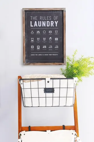 Vista 6 de Letrero de lavandería con símbolos de The Rules of Laundry para decoración y accesorios de lavandería con marco de madera rústica, decoración