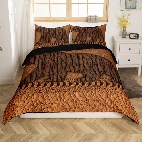 Vista 31 de Funda de edredón de cabaña marrón retro, juego de ropa de cama de retazos con diseño de oso del bosque, ciervos para cabaña rústica, funda de Multi