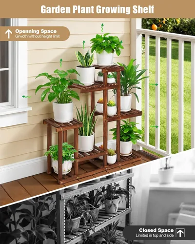 Vista 4 de Soporte para plantas de madera carbonizada, estantes de plantas de 6 niveles para interiores, estante de madera estrecho que ahorra espacio