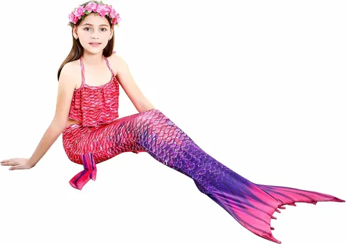 Vista 4 de Colas de sirena para nadar para niñas, 5 piezas, conjunto de traje de baño de bikini de 4 a 13 años