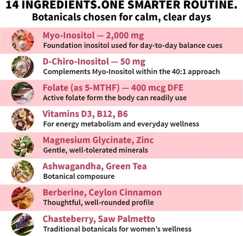 Vista 3 de Suplemento complejo de inositol 14 en 1 para mujeres, inositol mio y D-Chiro 40:1 con folato, vitamina D3, zinc, magnesio y botánicos para apoyo
