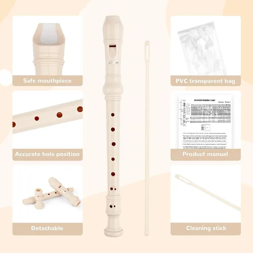 Vista 2 de SWAN Grabadora soprano para estudiantes principiantes – Flauta de 8 agujeros desmontable 3 piezas ABS descante grabadores con varilla de limpieza