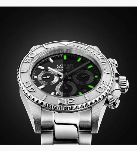Vista 6 de LOREO Reloj impermeable multifunción de acero inoxidable plateado con cristal de zafiro para hombre
