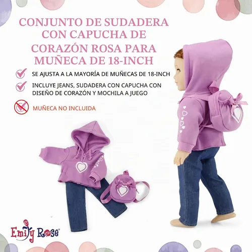 Vista 3 de Emily Rose Conjunto de 3 piezas con sudadera con capucha rosa de 18 pulgadas, con sudadera, jeans y mochila a juego, ropa de muñeca de 18 pulgadas