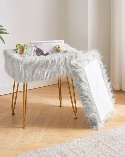Vista 5 de IBUYKE Taburete rectangular de piel sintética para tocador con almacenamiento, otomana de silla de maquillaje peluda, asiento acolchado suave