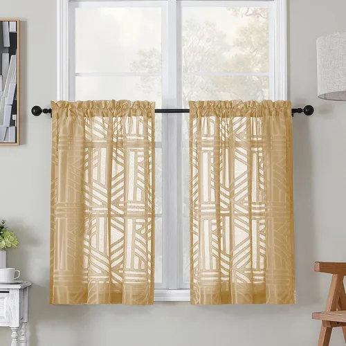 Vista 35 de Simplebrand Cortinas traslúcidas negras de cocina de 24 pulgadas de largo, 2 paneles, filtrado de luz, geométrico jacquard con textura, cortinas