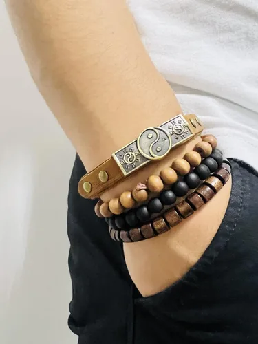 Vista 6 de 4 pulseras de cuero, diseño étnico con símbolo taoísta de Yin Yang
