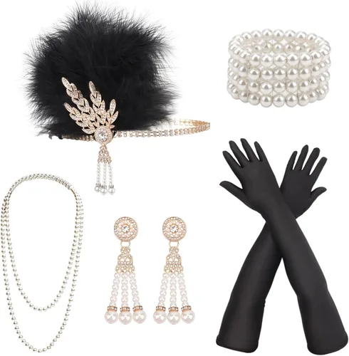 Vista 22 de DRESHOW Juego de accesorios del Gran Gatsby de los años 20 para mujer, accesorios de disfraz de flapper, diadema de plumas, juego de accesorios de 1
