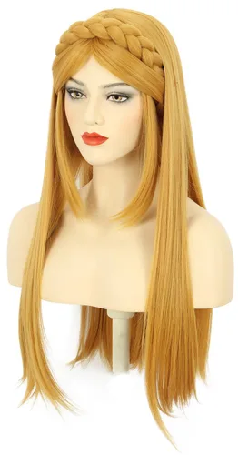 Vista 4 de karlery Peluca larga recta amarilla para mujeres adultas con trenza para Halloween, cosplay, fiesta de disfraces, peluca con orejas de elfo