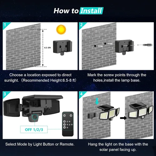 Vista 7 de Tuffenough Luces solares para exteriores de 2500 lm, 210 luces LED de seguridad con control remoto, 3 cabezales de luces con sensor de movimiento