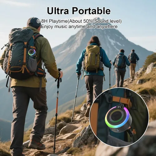 Vista 5 de Altavoz Bluetooth para Ducha, Altavoz Bluetooth Portátil Sonido Estéreo con Ventosa/Cordón, Micrófono Incorporado, Altavoces Inalámbricos IPX7 Negro